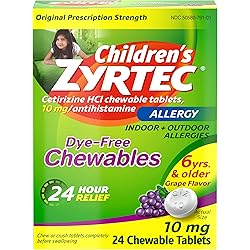 Zyrtec 24 Hour Children's Allergy Chewable Tablets, Cetirizine, Dye-Free, Grape, 24 ct
