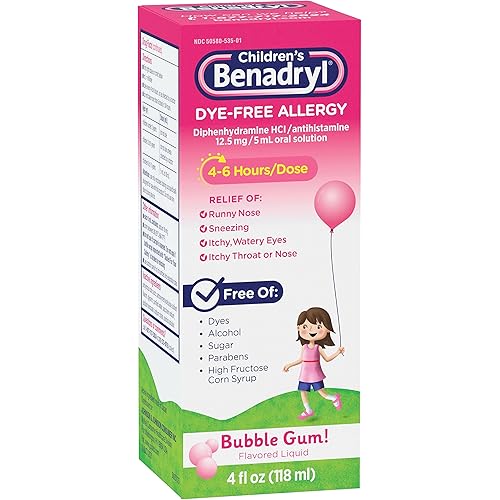 Children's Benadryl Dye-Free Allergy Liquid, Diphenhydramine HCl, Bubble Gum, 4 fl. oz