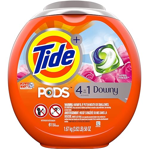 Tide PODS Plus Downy 4 in 1 HE Turbo Laundry Detergent Soap Pods, April Fresh Scent, 61 Count Tub - Packaging May Vary