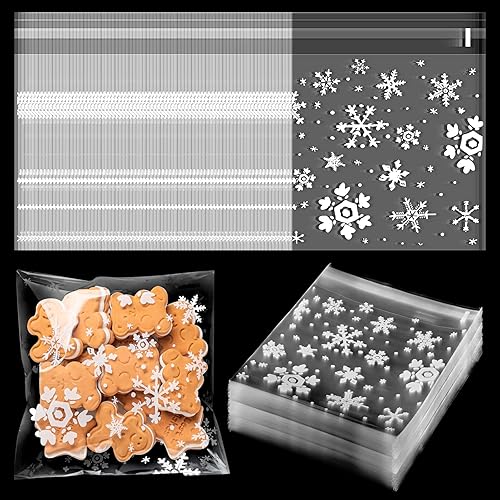 500 Pcs Christmas Self Adhesive Treat Bag Self Seal Cookie Bags Cellophane Snowflake Clear Candy Bag for Bakery, Candy, Chocolate, Cookie 5.5 x 5.5 inch