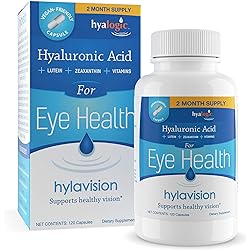 HylaVision Eye Health Supplements: Hyaluronic Acid, Lutein and Zeaxanthin Dietary Supplements for Vision Support 120 Capsules— Vegan Formula by Hyalogic