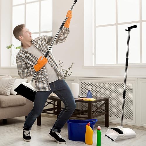 Broom and Dustpan Set for Home - Premium Long Handled Broom Dustpan Combo - Upright Standing Lobby Broom and Dust Pan Brush w Handle - Great Edge, Lightweight and Robust
