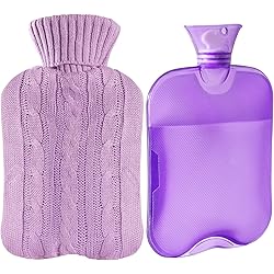 KISEER Classic Transparent Hot Water Bottle, 2 Liter Hot Water Bag with Knitted Cover for Adults or Kids Purple