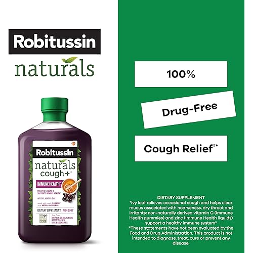 Robitussin Naturals Cough Relief Plus Immune Health Dietary Supplement for Adults, Honey, Ivy Leaf, Zinc and Elderberry Cough Syrup, Natural Honey Flavor - 8.3 Oz Bottle