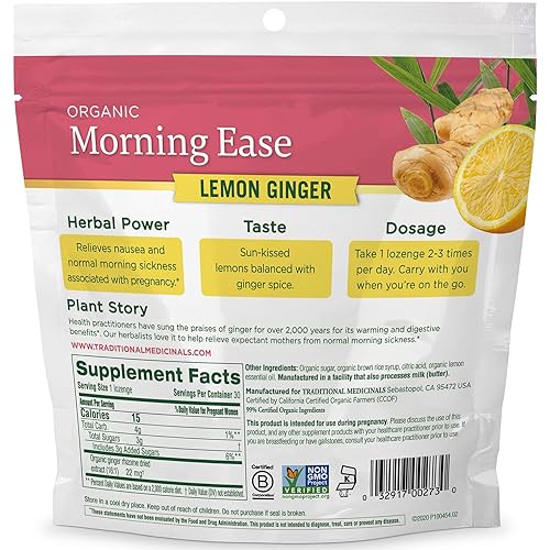 Traditional Medicinals Organic Morning Ease Anti-Nausea Lozenges, Relieves Morning Sickness Associated with Pregnancy, Lemon Ginger 30 count