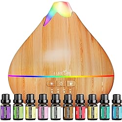 Essential Oil Diffusers with Top 10 Oils Gift Set, 550ml Aroma Diffuser, Ultrasonic Cool Mist Aromatherapy Diffuser Waterless Auto Shut-Off for Home Office 4 Timers 15 Colors Yellow