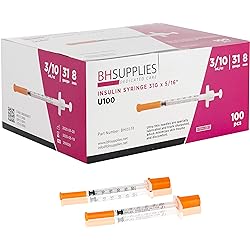 BH Supplies Insulin Syringes U-100 for 30 Units 31G .3mlcc 516" 8mm Pack of 100 Pcs