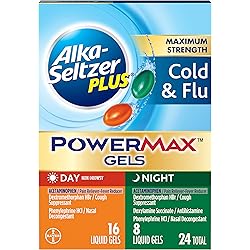 Alka-seltzer Plus Cold & Flu, Power Max Cold and Flu Medicine, Day Night, For Adults with Pain Reliever, Fever Reducer, Cough Suppresant, Nasal Decongestant, Antihistamine, 24 Count