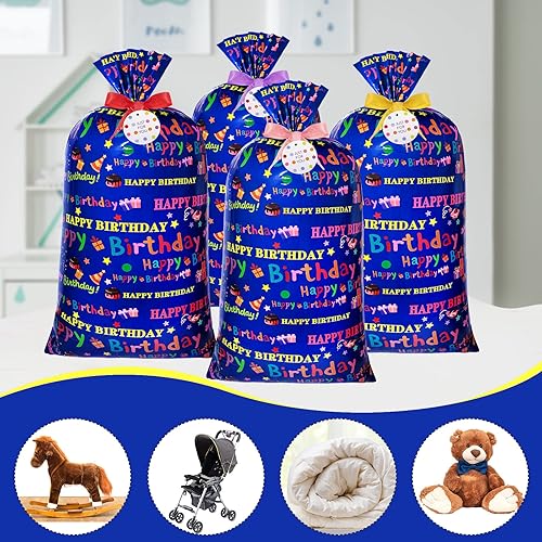 4 Pieces 70 x 40 Inch Jumbo Gift Bags, Extra Large Plastic Present Bag, Giant Gift Wrapping Bags with 4 Cord Tie for Baby Shower Birthday Christmas Holiday Party Supplies Happy Birthday