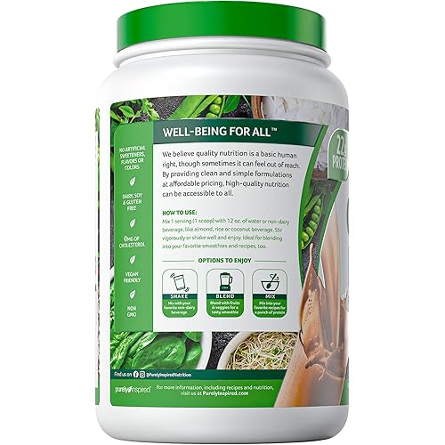 Plant Based Protein Powder | Purely Inspired Organic Protein Powder | Vegan Protein Powder for Women & Men | 22g of Plant Protein | Pea Protein Powder | Chocolate Protein Powder, 1.5 lb 18 Servings