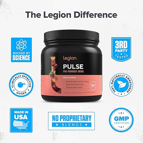 Legion Pulse Pre Workout Supplement - All Natural Nitric Oxide Preworkout Drink to Boost Energy, Creatine Free, Naturally Sweetened, Beta Alanine, Citrulline, Alpha GPC Fruit Punch 21 Servings