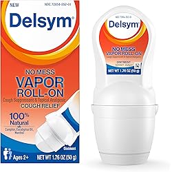 Delsym No Mess Vapor Roll-On Cough Suppressant & Topical Analgesic 1.76 oz with Camphor, Eucalyptus Oil, Menthol, Adults & Kids, Maximum Strength