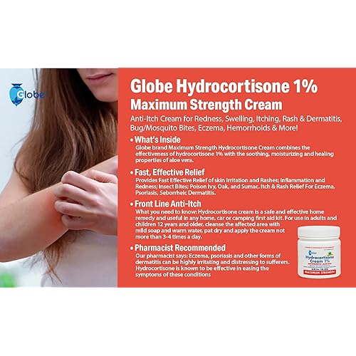 Globe Hydrocortisone Maximum Strength Cream 1% w Aloe, 16 oz, Anti-Itch Cream for Redness, Swelling, Itching, Rash & Dermatitis, BugMosquito Bites, Eczema, Hemorrhoids & More, 16 oz Jar