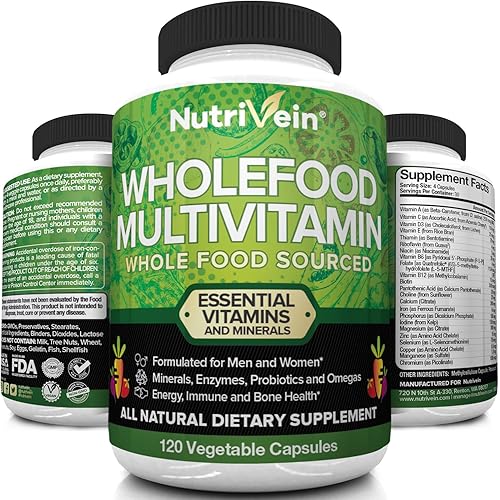 Nutrivein Whole Food Multivitamin - Complete Daily Vitamins for Men and Women from Natural Whole Foods, Real Raw Veggies, Fruits, Vitamin E, A, B Complex - 30 Day Supply 120 Capsules, Four Daily