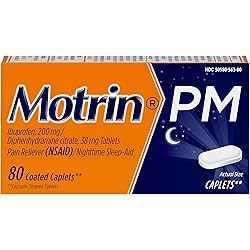 Motrin PM Caplets, 200 mg Ibuprofen & 38 mg Sleep Aid, Nighttime Relief for Minor Pains, 80 ct