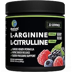 L-Arginine 5000mg L-Citrulline 1000mg Complex Powder Supplement - Nitric Oxide Booster - Blood Pressure Support - Berry Flavored - 300g - BlueEarth Company