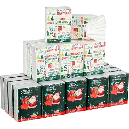 32 Pack Holiday Merry Christmas Pocket Facial Tissues Christmas Travel Size Tissues Bulk in 2 Designs Christmas Facial Tissue Small Pocket Packs for Christmas Stocking Stuffers