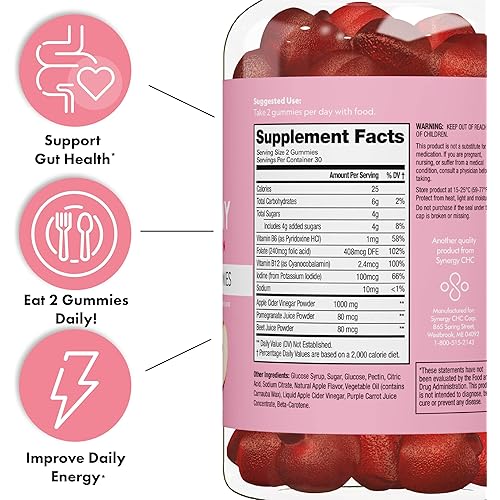 Flat Tummy Apple Cider Vinegar Gummies, 60 Count – Boost Energy, Detox & Support Gut Health – Vegan, Non-GMO – ACV Gummies with Mother - Made with Apples, Beetroot, Vitamin B9, Vitamin B12 - Pack of 3