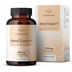 HERBAMAMA Mood Support Capsules - Organic Supplement with Ashwagandha, Rhodiola, Ginseng, Chamomile, St John's Wort - Supports Brain Function, Stress Relief, Energy, Mood - Vegan, 1200mg, 100 Caps