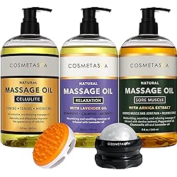 Cellulite, Sore Muscle & Lavender Relaxation Massage Oils with Roller Massage Ball and Massager Mitt- Perfect Spa Treatment Gift Set