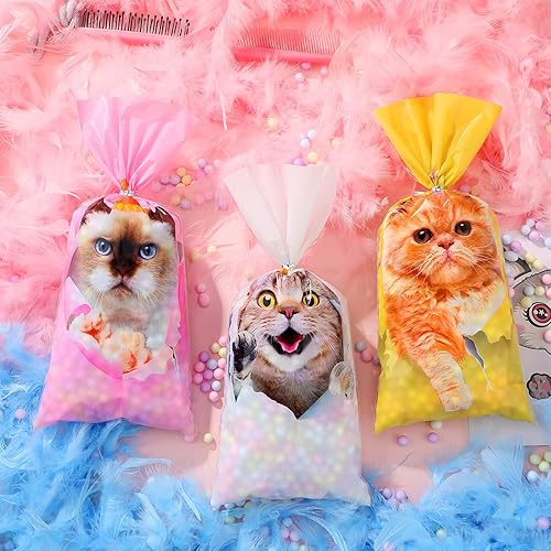 100 PCS Cat Cellophane Bags Cat Gift Treat Bags Goodie Candy Bags Cat Party Favor Bag with 150 Ties Kitty Cat Themed Birthday Party Decorations Supplies for Kids Home Classroom Baby Shower