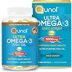 Qunol Omega 3 Fish Oil Mini Softgels, 1000mg Ultra Pure Fish Oil, Heart Health Support, Omega 3 DHA Supplements, Lemon Flavor, 3 Month Supply, 180 Count