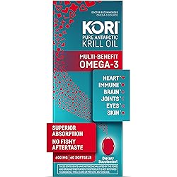 Kori Krill Oil Omega-3 600mg, 60 Softgels | Multi-Benefit Omega-3 Supplement | Superior Omega-3 Absorption vs Fish Oil and No Fishy Burps