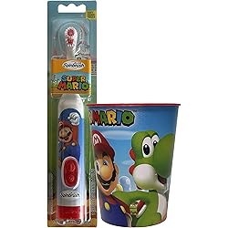 Super Mario Children’s Oral Hygiene Set Includes Super Mario Rinsing Cup with Super Mario Powered Toothbrush