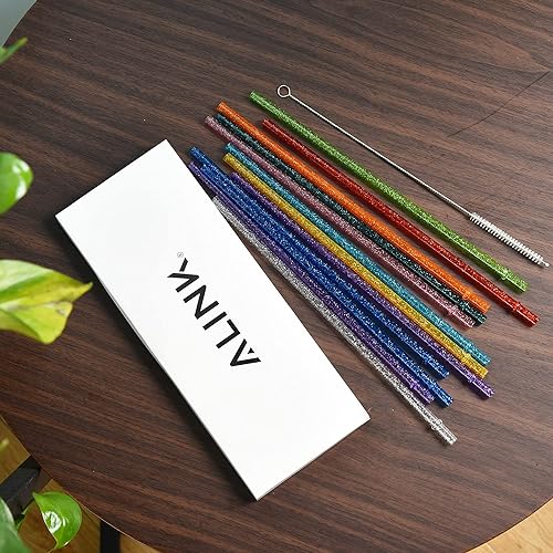 ALINK 12-Pack Glitter Reusable Clear Plastic Straws, 11" Long Hard Tumbler Drinking Straws with Cleaning Brush 10 Colors