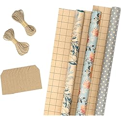 RUSPEPA Wrapping Paper Rolls with Tags, Jute String - 17 inches x 10 feet per Roll, Total of 3 Rolls, Spring