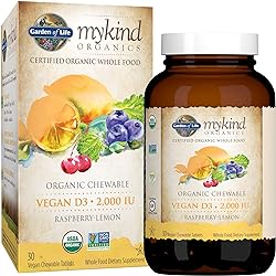Garden of Life Organic Vitamin D - mykind Organics Vegan D3 Chewable - Raspberry Lemon, 2,000 IU 50mcg Whole Food Vitamin D3 from Lichen Plus Food & Mushroom Blend, Gluten Free, 30 Chewable Tablets
