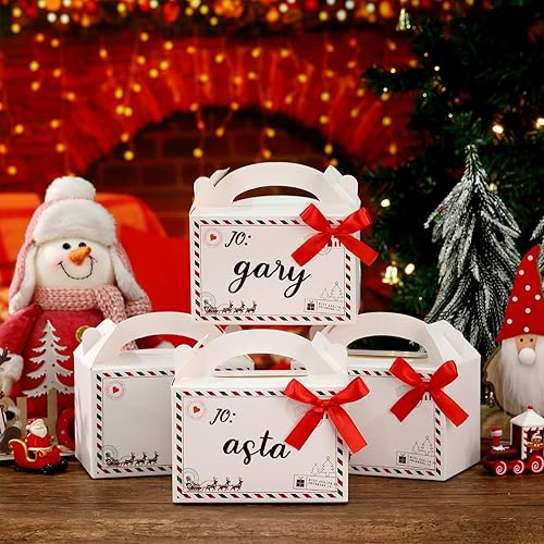 12 Pieces Christmas Gift Boxes Small Treat Boxes Xmas Party Favor Boxes Candy Goodie Paper Boxes with Red Ribbon for Holiday Party Favor Supplies
