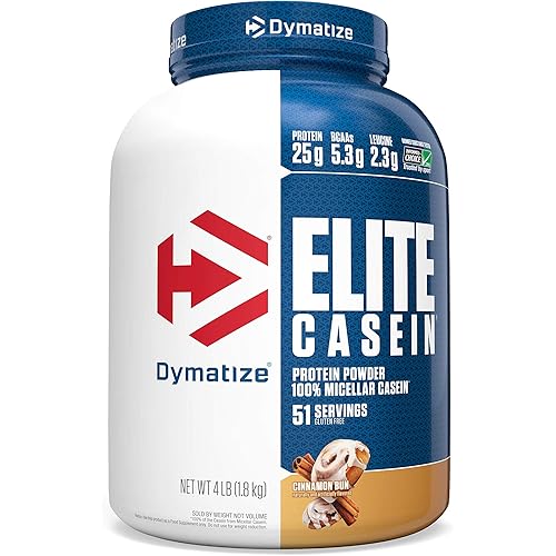 Dymatize Elite Casein Protein Powder, Slow Absorbing with Muscle Building Amino Acids, 100% Micellar Casein, 25 g Protein, 5.4 g BCAAs & 2.3 g Leucine, Helps Overnight Recovery, Cinnamon Bun, 64 Oz
