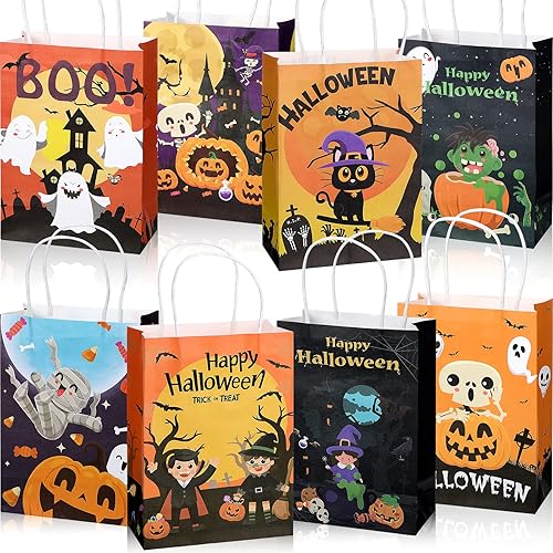 24 Packs Halloween Kraft Goodies Bags Trick or Treat Gift Bags Halloween Theme Candy Paper Bags with Handles for Halloween Party Supplies Favors