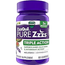 ZzzQuil PURE Zzzs Triple Action, 6mg Melatonin Gummies, 3X Melatonin Sleep Aid with Ashwagandha, Calm Mood & Antioxidant Action, Sleep Aids for Adults, 6 mg per serving, 60 Count
