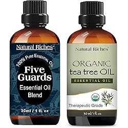 Natural Riches Five Guards Immunity Synergy Blend Health Shield Aromatherapy Essential Oils and USDA Organic Pure Tea Tree Essential Oil - 2x30ml