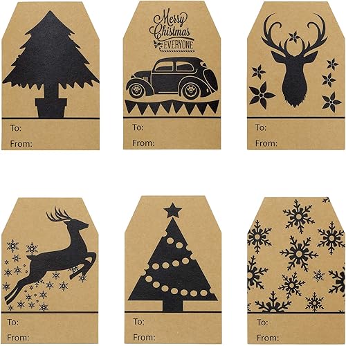360 Pieces Christmas Kraft Gift Tag Stickers Christmas Tree Snowflake Kraft Label Tag Stickers Christmas Natural Kraft Stickers, 2 x 3 Inch