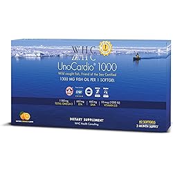 WHC, UnoCardio 1000 Fish Oil 60 Softgels, 1300 mg of Pure Triglyceride Fish Oil with Omega-3 1180 mg, 665 mg EPA and 445 mg DHA and 25 mcg 1000 IU Vitamin D3 per softgel, Natural Orange