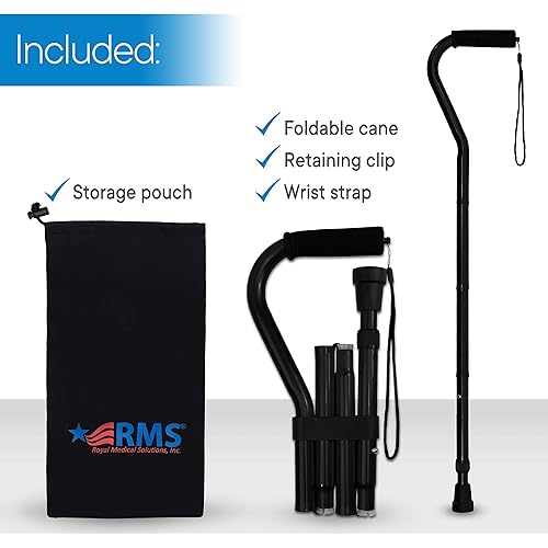 RMS Folding Cane with Offset Foam Handle, Adjustable Walking Stick with Carrying Pouch