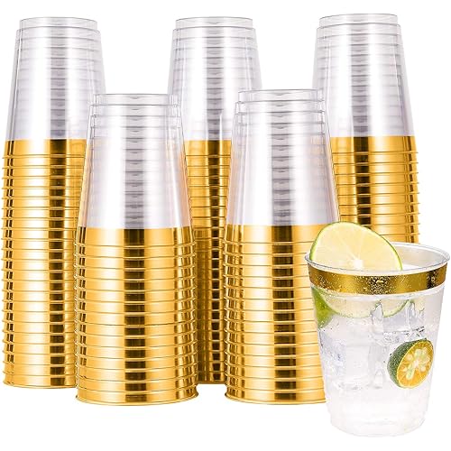 100 PACK Gold Plastic Cups,10 Oz Clear Plastic Cups Tumblers, Elegant Gold Rimmed Plastic Cups, Disposable Cups With Gold Rim Perfect For Wedding,Thanksgiving Day, Christmas,Halloween Party Cups