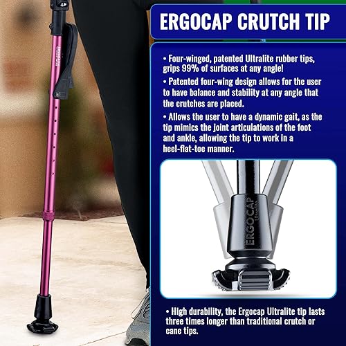 Ergobaum Jr. Forearm Crutches with Shock Absorbers for Users 3'9'' to 5' in Height, with Ergonomic Handle Grips, All-Terrain Ultralite Non-Slip Rubber Tips, Knee-Rest Platforms, LED Light Red