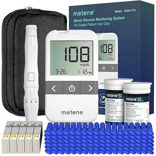 Metene AGM-513S Glucose Monitor Kit, 100 Glucometer Strips, 100 Lancets, Blood Sugar Test Kit with Lancing Device and Carrying Bag, No Coding