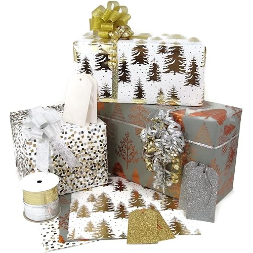 Designs by DaVal Coordinated Rolled Premium Gift Wrap, Ribbon, and Gift Tags Kit Metallic