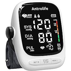 Blood Pressure Monitor by Antrolife - Automatic Upper Arm Machine & Accurate Adjustable Digital BP Cuff Kit - Largest Backlit Display - Pulse Rate Monitoring Meter - with Batteries, BagWhite