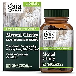 Gaia Herbs Mental Clarity Mushrooms & Herbs - Memory & Brain Supplement to Help Focus & Clarity - with Lion’s Mane, Cordyceps, Gotu Kola & Holy Basil - 60 Vegan Liquid Phyto-Capsules 30-Day Supply