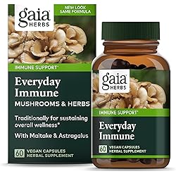 Gaia Herbs Everyday Immune Mushrooms & Herbs - Immune Support Supplement to Help Aid Overall Wellness - with Turmeric, Astragalus, Cordyceps, and Chaga Mushrooms - 60 Vegan Capsules 30-Day Supply