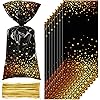 100 Pieces Plastic Black Gold Party Treat Bags Foil Dot Cellophane Candy Goody Treat Bags with 100 Gold Twist Ties for Graduation Birthday Retirement Cocktail Wedding Party Supplies