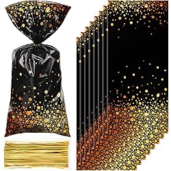 100 Pieces Plastic Black Gold Party Treat Bags Foil Dot Cellophane Candy Goody Treat Bags with 100 Gold Twist Ties for Graduation Birthday Retirement Cocktail Wedding Party Supplies