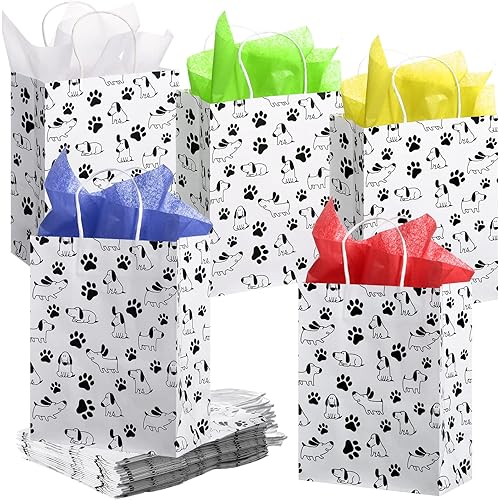 25 Pieces 10.6 x 8.3 x 4.3 Inches Puppy Dog Paw Print Treat Bags with Twist Handles and 25 Tissue Paper 19.7 x 13.8 Inches Assorted Wrapping Paper for DIY Crafts Holiday Christmas Birthday Party Favor