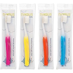 Nimbus NIMBY Kid's Extra Soft Toothbrushes for Sensitive Teeth and Receding Gums, Periodontist Design Plaque Remover Travel Toothbrush, Individually Wrapped 4 Pack, Colors May Vary
